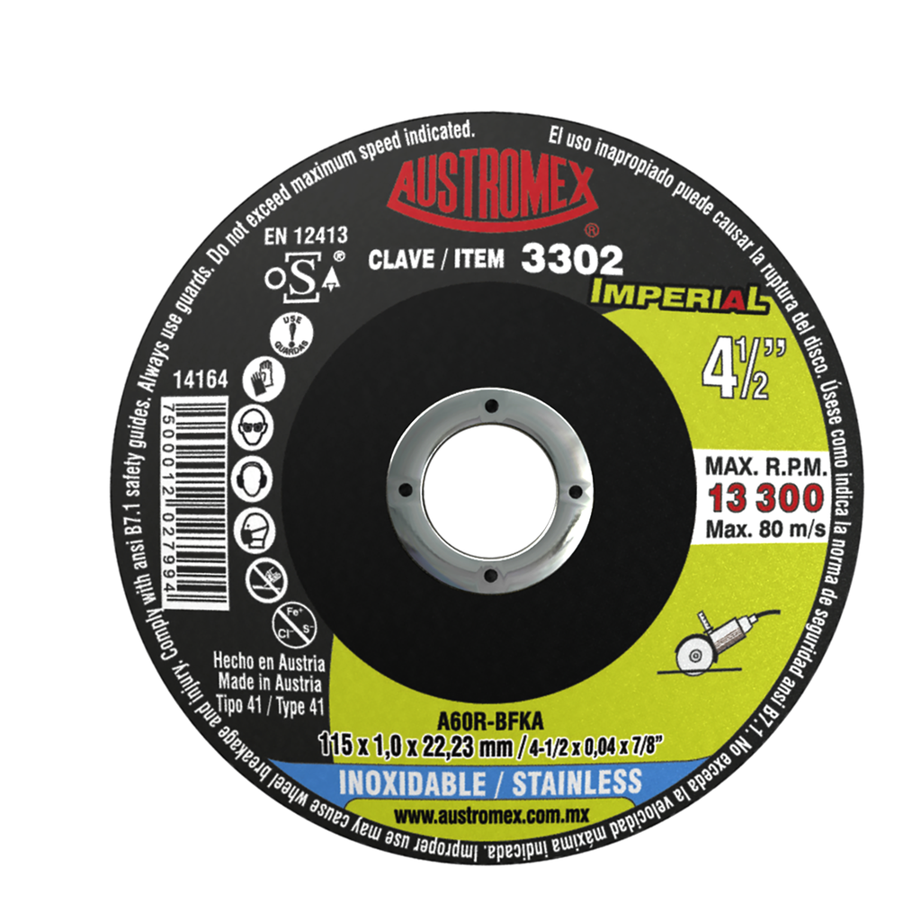 DISCO PLANO AUSTROMEX P/CORTE INOXIDABLE 4-1/2" (3302)(H)