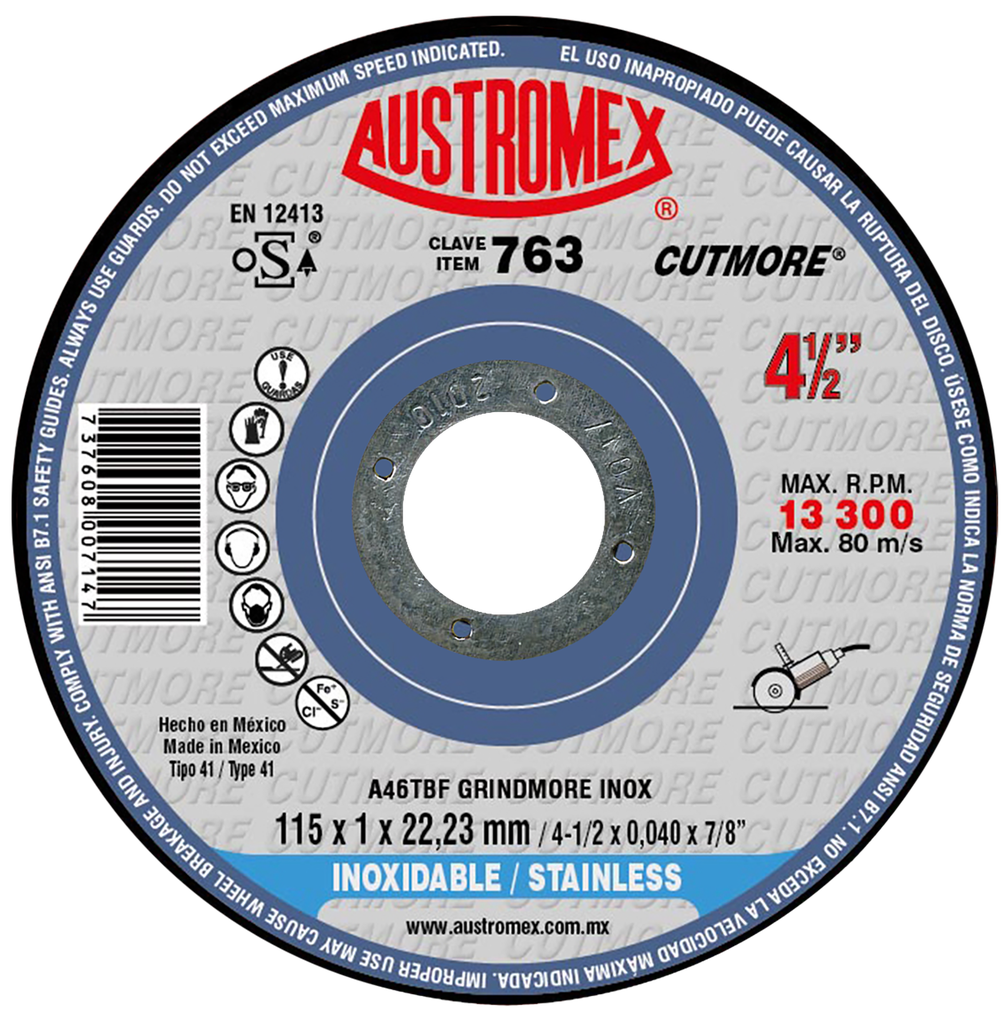 DISCO PLANO AUSTROMEX P/CORTE INOXIDABLE 4-1/2" (763)(H)