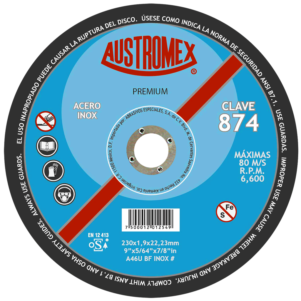 DISCO PLANO AUSTROMEX P/CORTE ACERO INOXIDABLE 9" (874)(H)