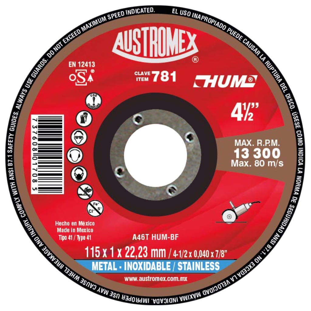 DISCO PLANO AUSTROMEX P/CORTE METAL-INOXIDABLE 4-1/2" (781)(H)