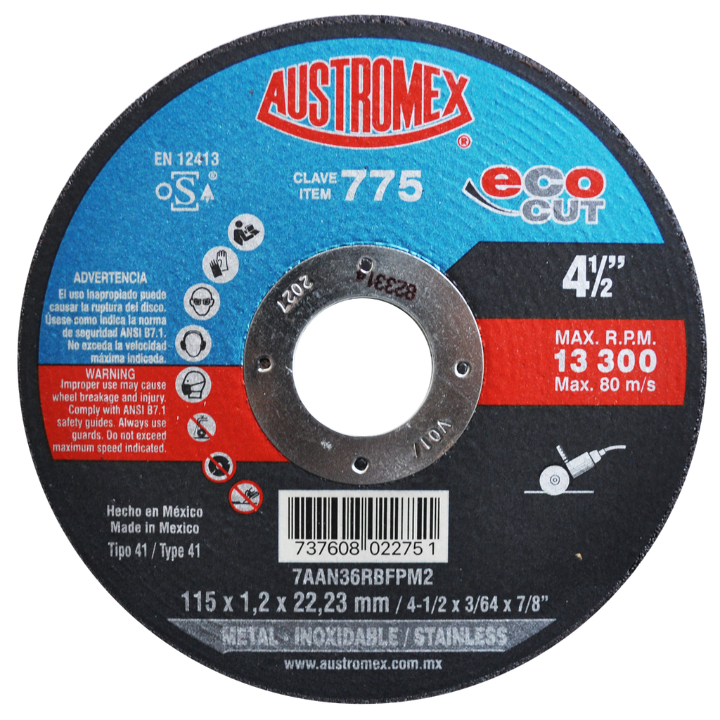 DISCO PLANO AUSTROMEX P/CORTE METAL-INOXIDABLE 4-1/2" (775)(H)