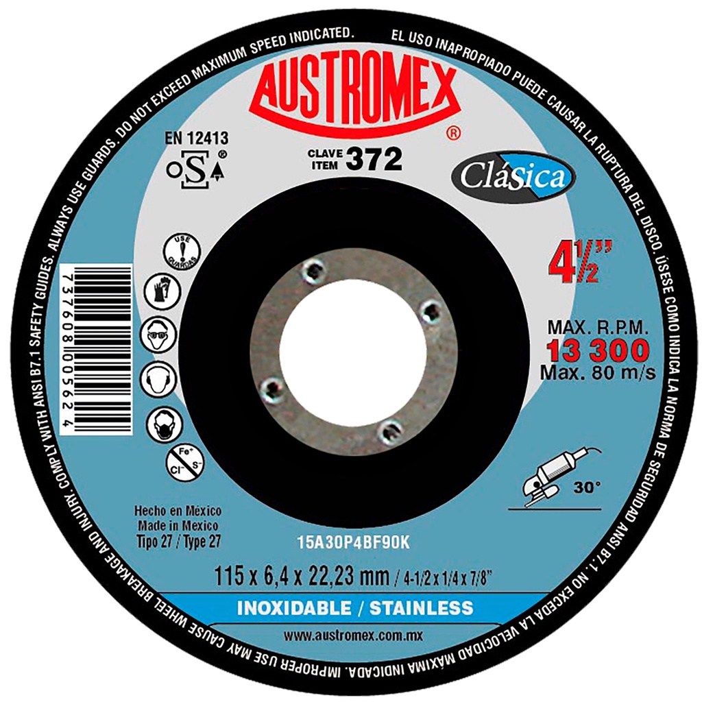 DISCO CAZUELA AUSTROMEX P/DESBASTE INOXIDABLE 4-1/2" (372)(H)