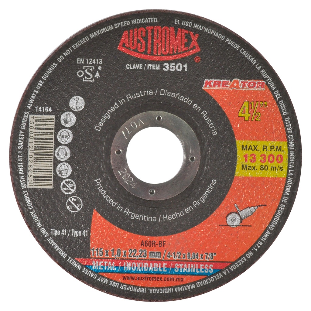 DISCO PLANO AUSTROMEX P/CORTE METAL-INOXIDABLE 4-1/2" (3501)(H)