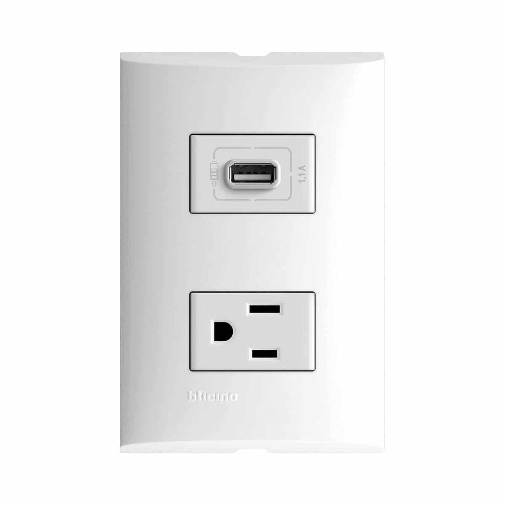 BTICINO PLACA FORZA C/1 TOMACORRIENTE 2P+T + 1 CARGADOR USB BLANCO (FZA29S21) (E)