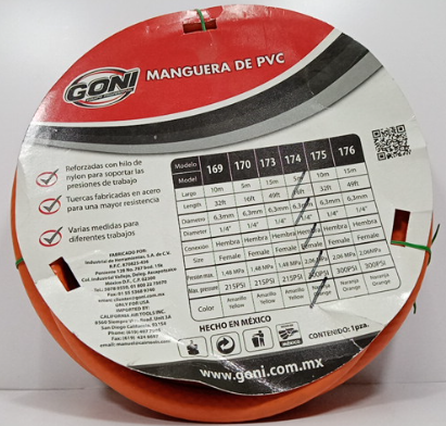 GONI MANGUERA REFORZADA 1/4" HEMBRA NARANJA 5M (174)