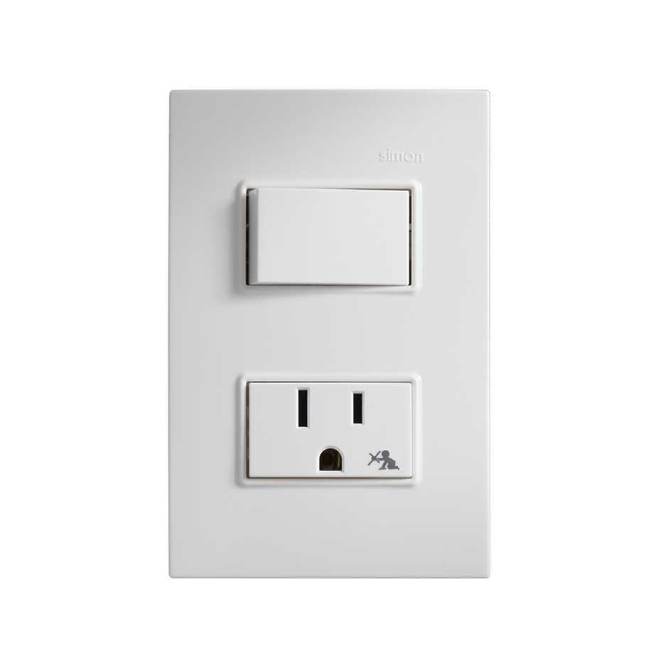PLACA SIMON C/1 INTERRUPTOR 2 VÍAS + 1 TOMACORRIENTE 2P+T BLANCO (23263-80)(E)