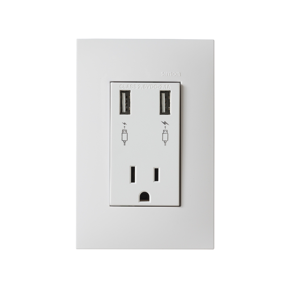 PLACA SIMON C/2 CARGADORES USB + 1 TOMACORIENTE 2P+T BLANCO (25454-60)(E)