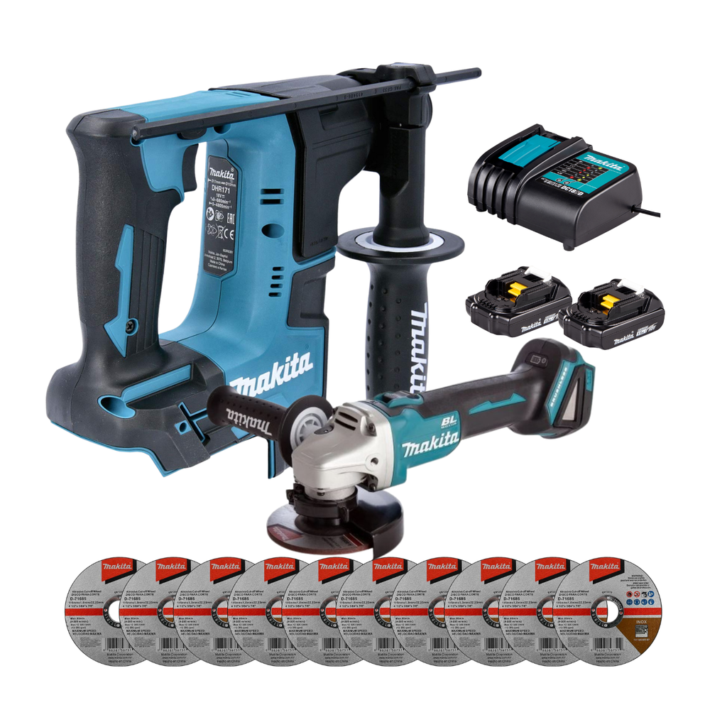 COMBO MAKITA ROTOMARTILLO ELECTRO-NEUMÁTICO INALÁMBRICO DHR171 + MINI ESMERILADORA DGA456Z C/10 DISCOS D-71685 + CARGADOR + BATERÍAS (DHR171SFE)