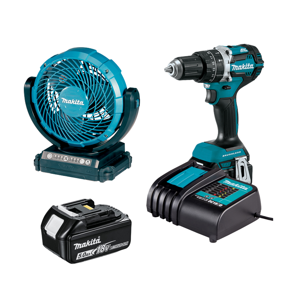 COMBO MAKITA ROTOMARTILLO  INALÁMBRICO DHP484ST + BATERÍA BL1850B + CARGADOR DC18SD + VENTILADOR DCF102Z