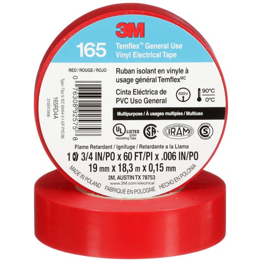 [3MCTE1918R] 3M CINTA AISLANTE TEMFLEX ROJO 19MM X 18M (165)(E)