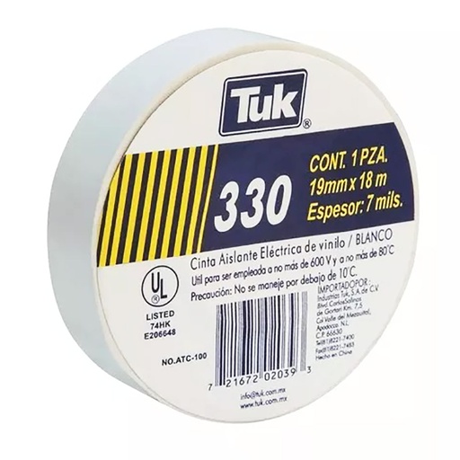 [TKCV330-B] CINTA TUK AISLANTE VINIL 330-C BLANCA 19MM X 18M (345306)(E)