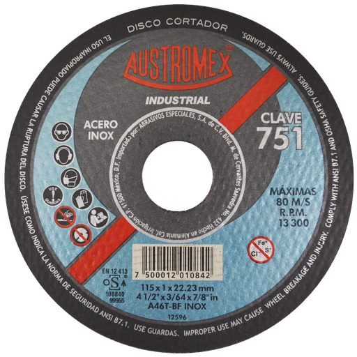 [AU114DINX0751DEL] DISCO PLANO AUSTROMEX P/CORTE INOXIDABLE 4-1/2" (751)(H)