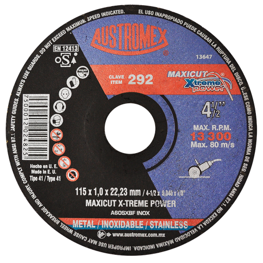 [AU116DINX0292DEL] DISCO PLANO AUSTROMEX P/CORTE METAL-INOXIDABLE 4-1/2" (292)(H)