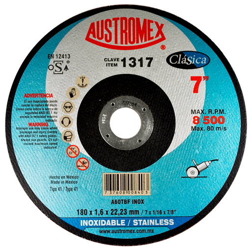 [AU120DINX1317DEL] DISCO PLANO AUSTROMEX P/CORTE INOXIDABLE 7" (1317)(H)