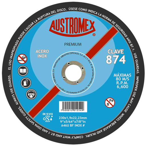 [AU124DINX0874DEL] DISCO PLANO AUSTROMEX P/CORTE ACERO INOXIDABLE 9" (874)(H)