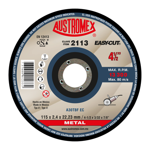 [AU075DCM2113] DISCO PLANO AUSTROMEX P/CORTE METAL 4-1/2" (2113)(H)