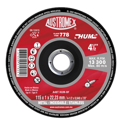 [AU072EDC0778] DISCO PLANO AUSTROMEX P/CORTE METAL-INOXIDABLE 4-1/2" (778)(H)