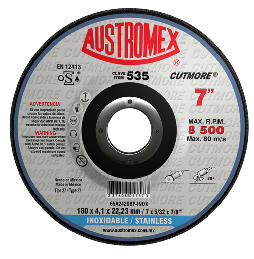 [AU038DDLCINX0535] DISCO CAZUELA AUSTROMEX P/CORTE-DESBASTE INOXIDABLE 7" (535)(H)
