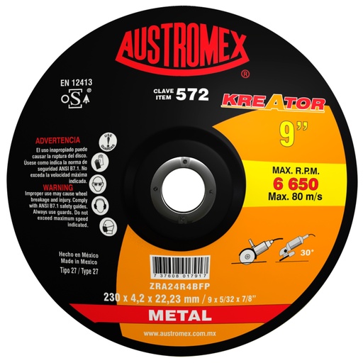 [AU037ADLCM0572] DISCO CAZUELA AUSTROMEX P/CORTE-DESBASTE METAL 9" (572)(H)