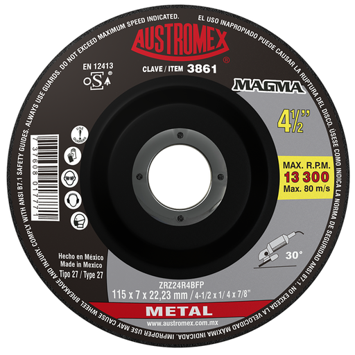 [AU013ADDM03861] DISCO CAZUELA AUSTROMEX P/DESBASTE METAL 4-1/2" (3861)(H)