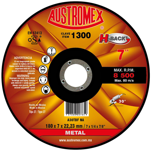 [AU020DDM1300] DISCO CAZUELA AUSTROMEX P/DESBASTE METAL 7" (1300)(H) DDD