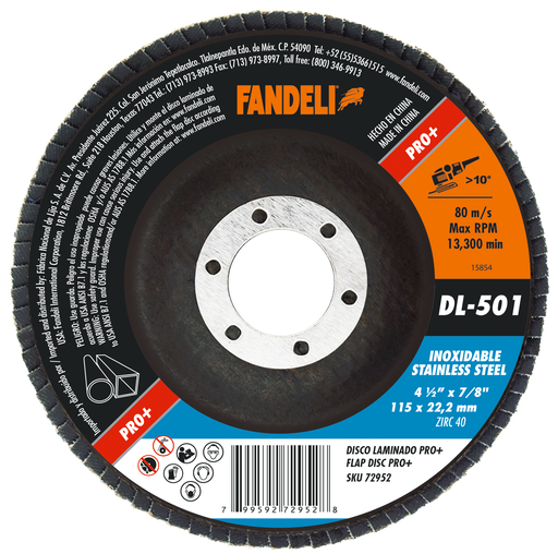 [FADCORT73717] DISCO LAMINADO FANDELI P/ACERO INOXIDABLE 4-1/2 GRANO 40 (72952)(H)