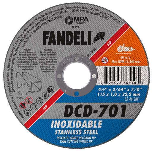 [FADCORT76450] DISCO FANDELI CORTE DELGADO P/ACERO INOXIDABLE 4-1/2" (76450)(H)