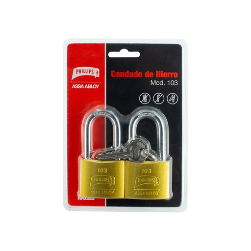 [PHCA103GLMX7186] CANDADO PHILLIPS 103 HIERRO GANCHO LARGO GEMELO DORADO BLISTER (MX7186) (H)